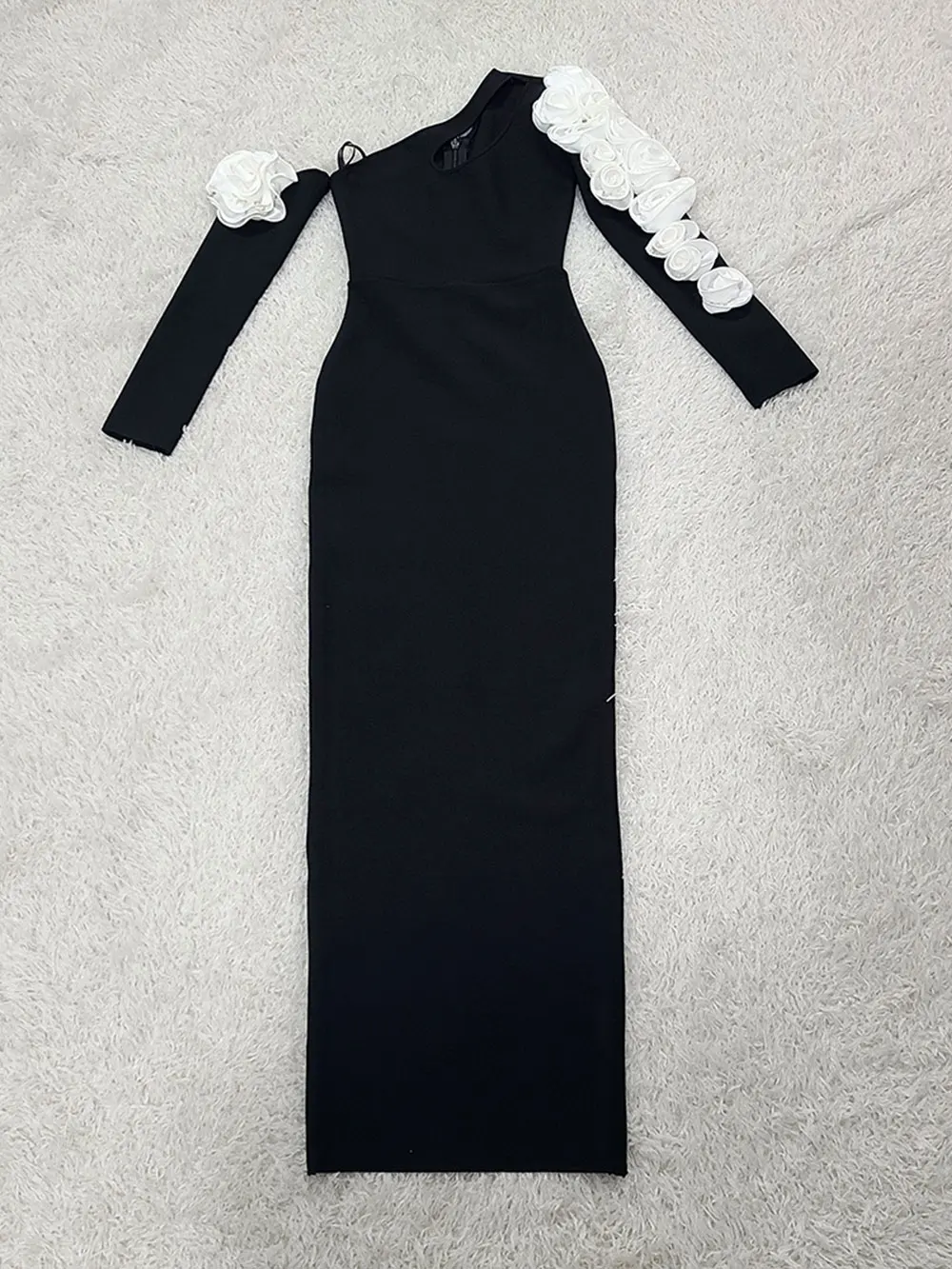 Sexy Women's 3D Flower Decorative Bandage Dress with Diagonal Collar Long Sleeve Bodycon Split Length Dress Party Vestidos - Image 5