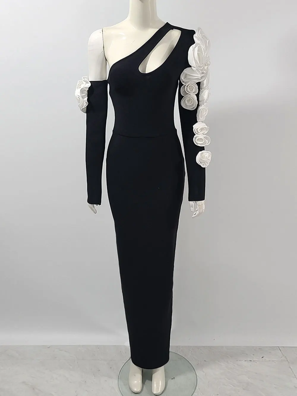 Sexy Women's 3D Flower Decorative Bandage Dress with Diagonal Collar Long Sleeve Bodycon Split Length Dress Party Vestidos - Image 6