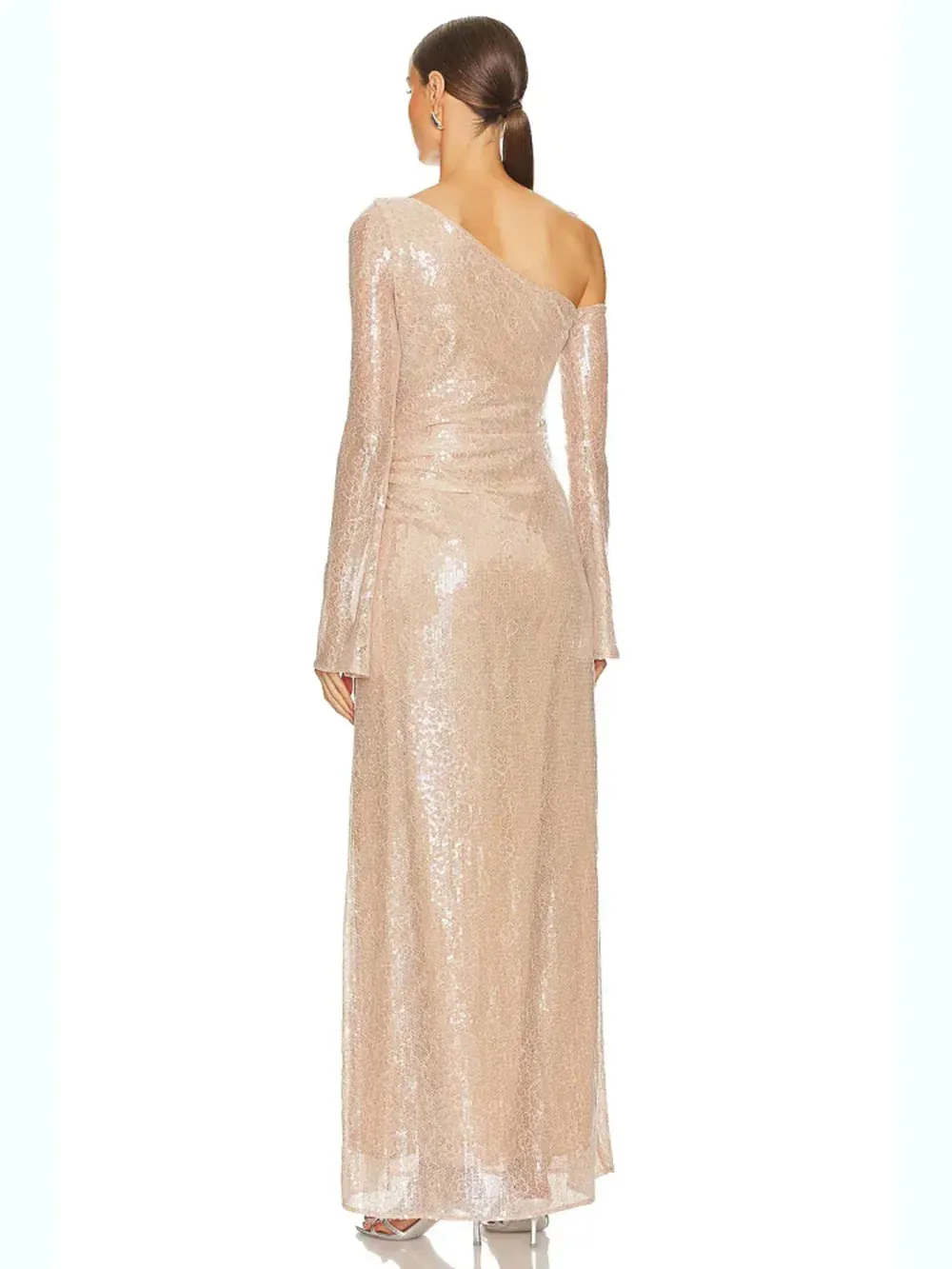Sexy Women's 3D Flower Shining Glitter Maxi Dress with Diagonal Collar Long Sleeve Bodycon Long Dress Evening Club Vestidos - Image 4