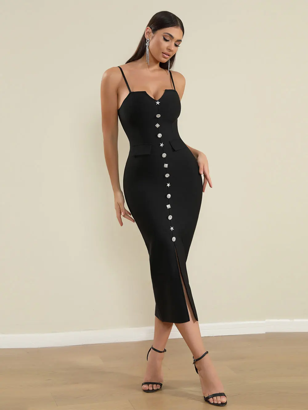 Sexy Women'S Bandage Dress Spaghetti Strap Sleeveless Rhinestone Button Design Bodycon Backless Split Midi Dresses Vestidos - Image 2