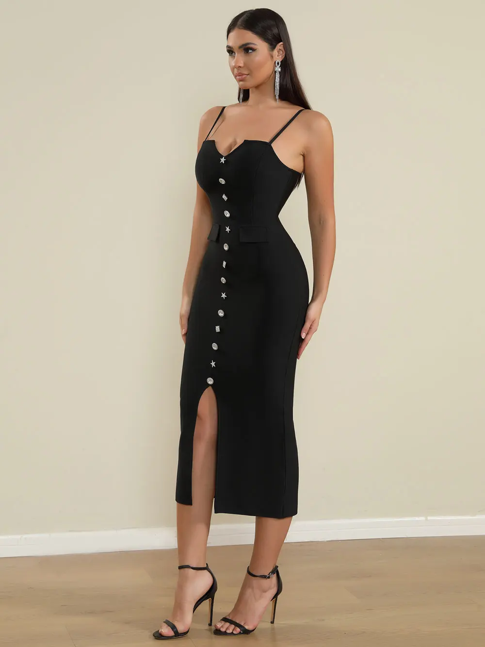 Sexy Women'S Bandage Dress Spaghetti Strap Sleeveless Rhinestone Button Design Bodycon Backless Split Midi Dresses Vestidos - Image 4