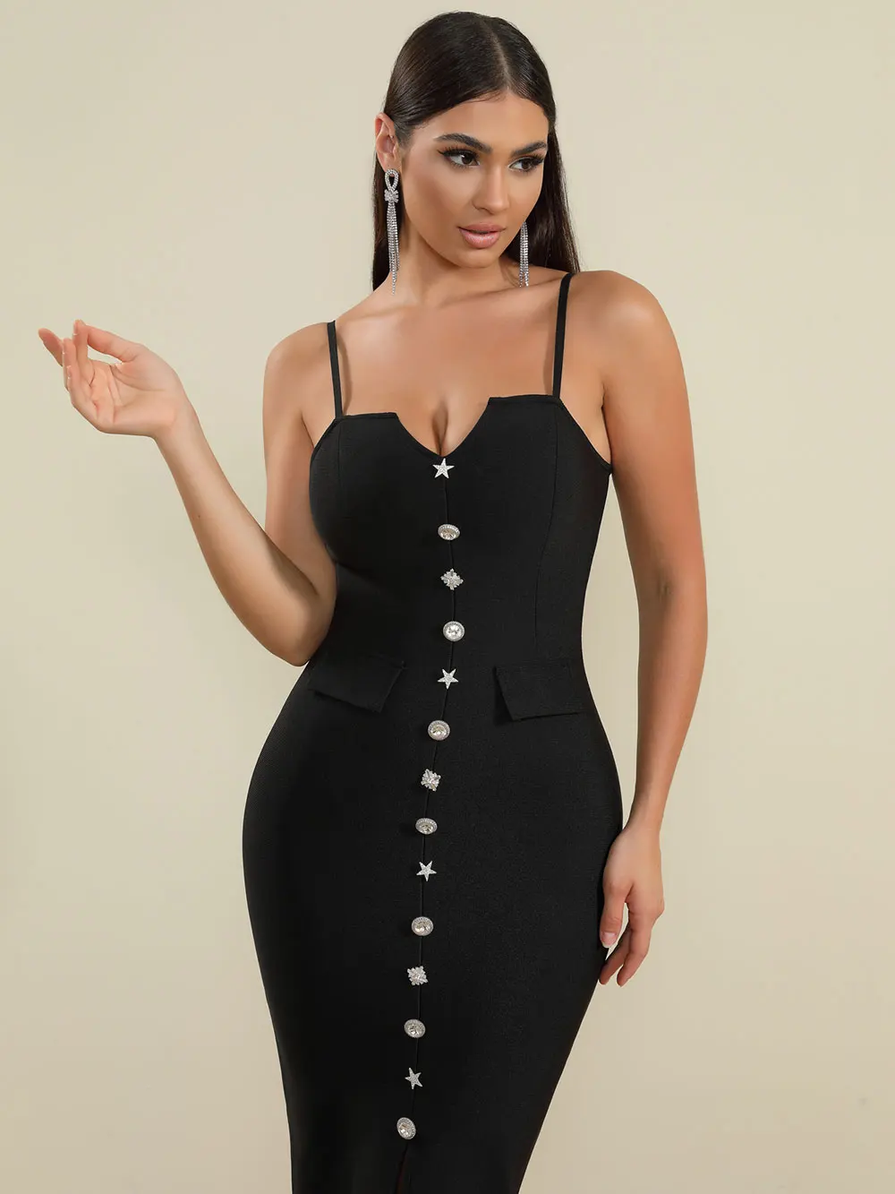 Sexy Women'S Bandage Dress Spaghetti Strap Sleeveless Rhinestone Button Design Bodycon Backless Split Midi Dresses Vestidos - Image 6