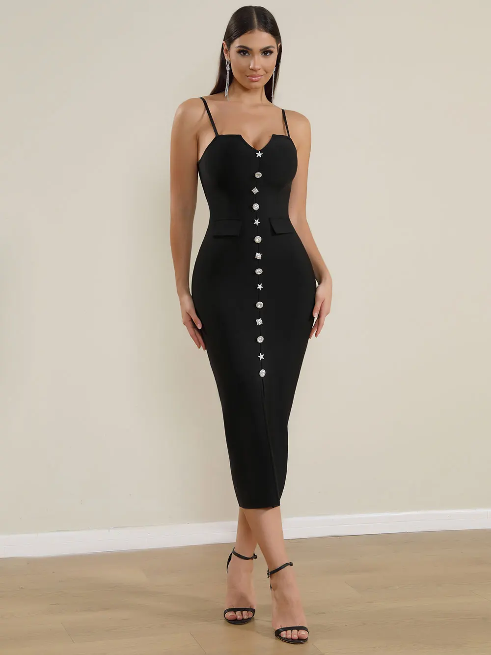 Sexy Women'S Bandage Dress Spaghetti Strap Sleeveless Rhinestone Button Design Bodycon Backless Split Midi Dresses Vestidos - Image 7