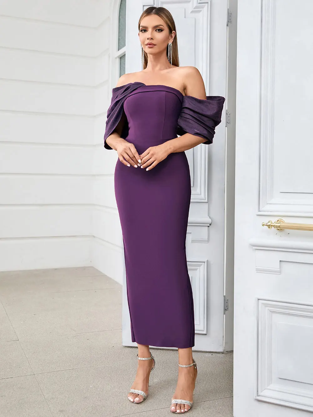 Sexy Women'S Bandage Dresses Strapless Raglan Sleeves Bodycon Backless Midi Dress Celebrity Evening Club Party Vestitos