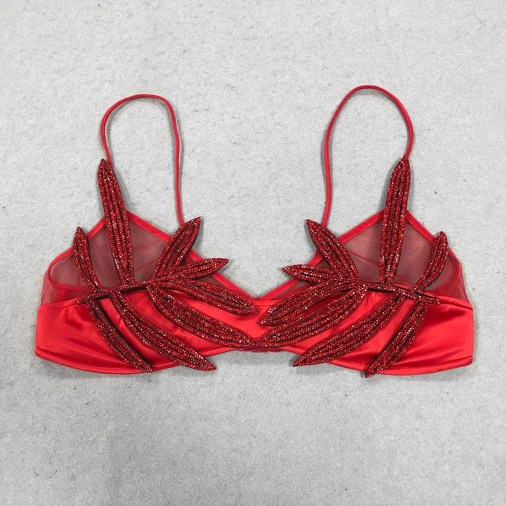 Sexy Women'S Chiffon Patchwork Satin Diamond Studded Bra Top Spaghetti Strap Sleeveless Concealed Button Ultra Short Top