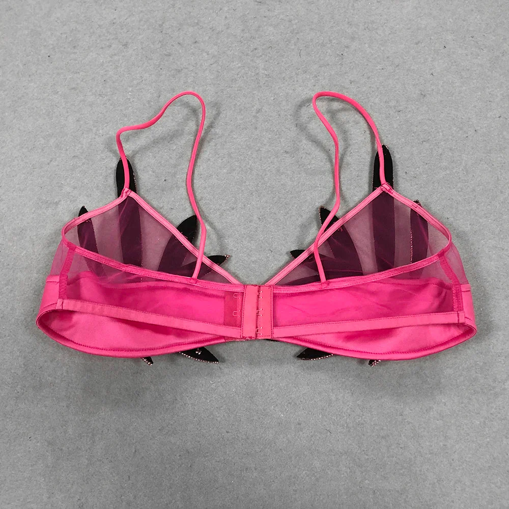 Sexy Women'S Chiffon Patchwork Satin Diamond Studded Bra Top Spaghetti Strap Sleeveless Concealed Button Ultra Short Top - Image 3