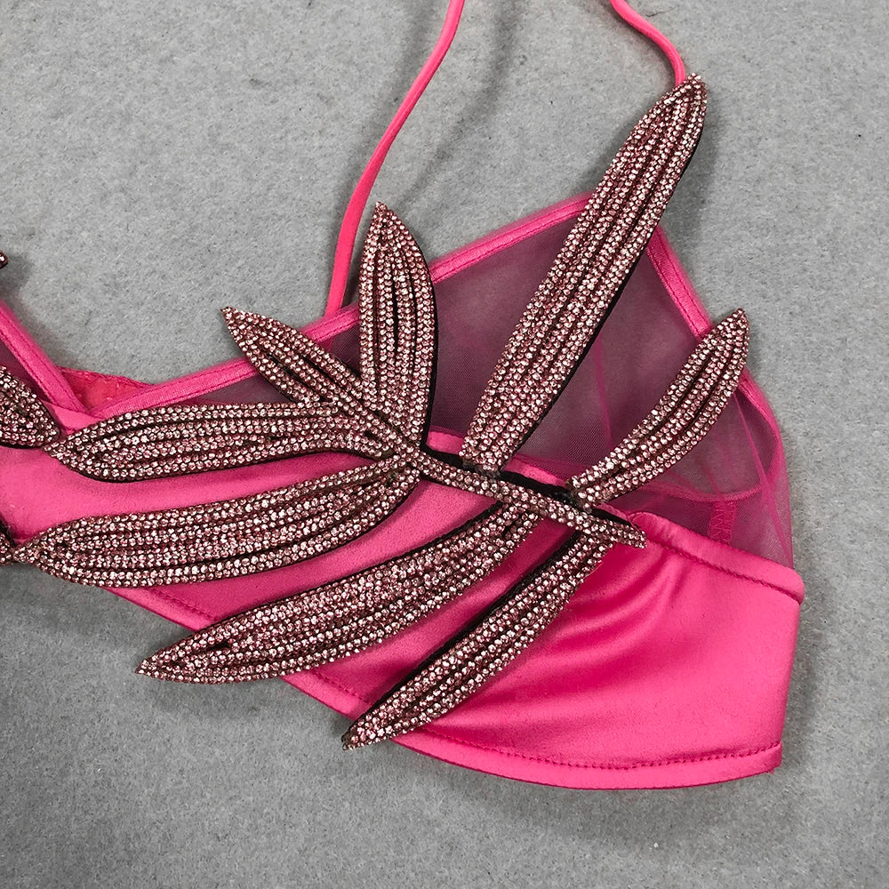 Sexy Women'S Chiffon Patchwork Satin Diamond Studded Bra Top Spaghetti Strap Sleeveless Concealed Button Ultra Short Top - Image 4