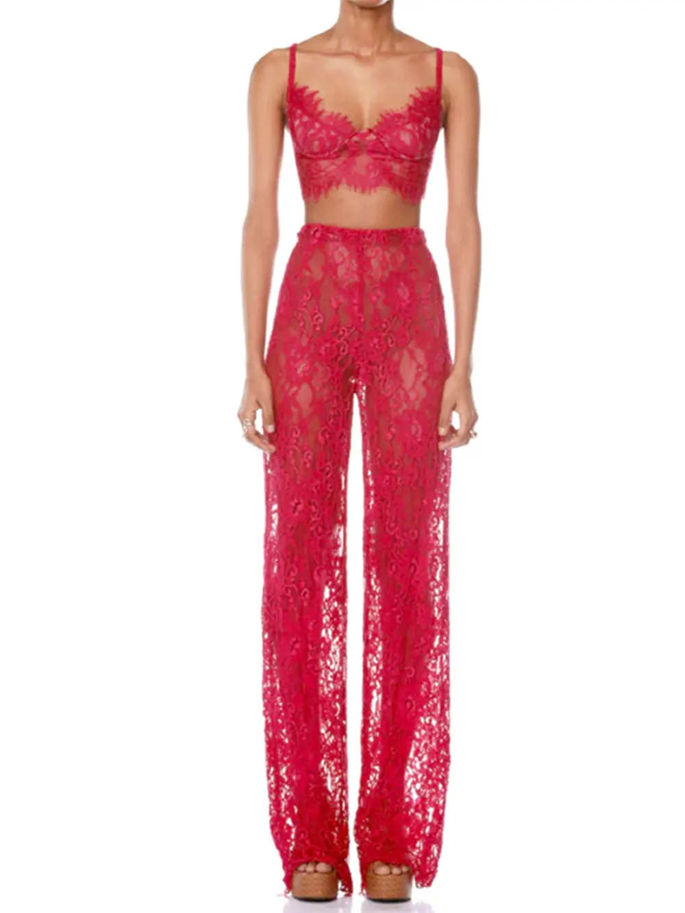 Sexy Women'S Lace Pants Set Spaghetti Strap Sleeveless Backless Ultra Short Vest+Straight Leg Pants Two-Piece Set