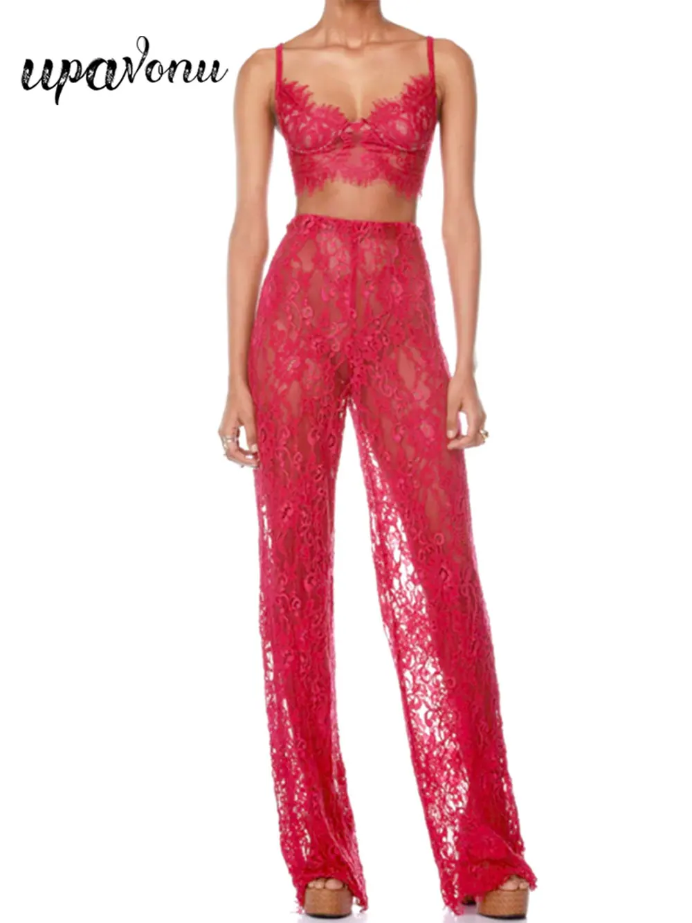 Sexy Women'S Lace Pants Set Spaghetti Strap Sleeveless Backless Ultra Short Vest+Straight Leg Pants Two-Piece Set - Image 2