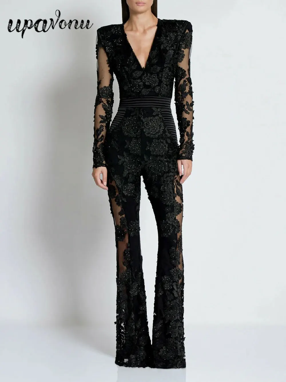Sexy Women's Light Luxury Embroidered Hot Diamond Patchwork Design jumpsuit V-neck Long sleeved Evening Party Horn jumpsuit