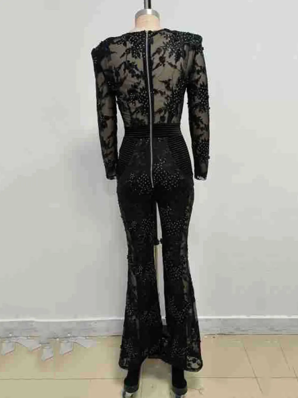 Sexy Women's Light Luxury Embroidered Hot Diamond Patchwork Design jumpsuit V-neck Long sleeved Evening Party Horn jumpsuit - Image 3