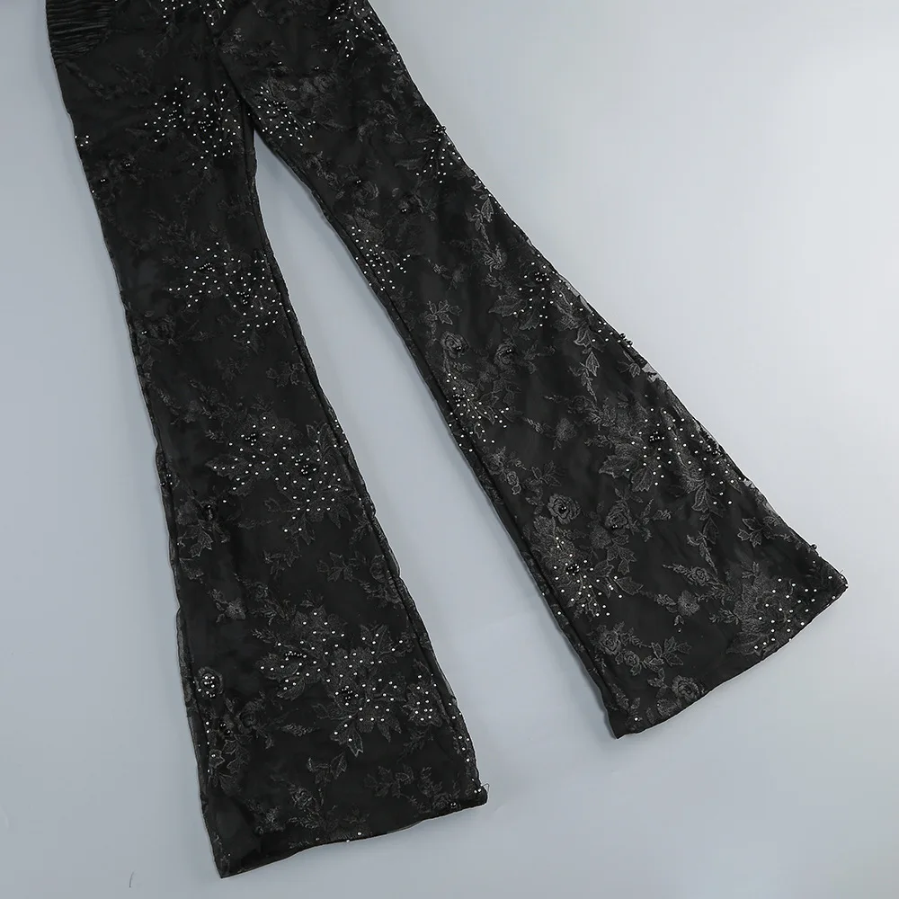 Sexy Women's Light Luxury Embroidered Hot Diamond Patchwork Design jumpsuit V-neck Long sleeved Evening Party Horn jumpsuit - Image 5