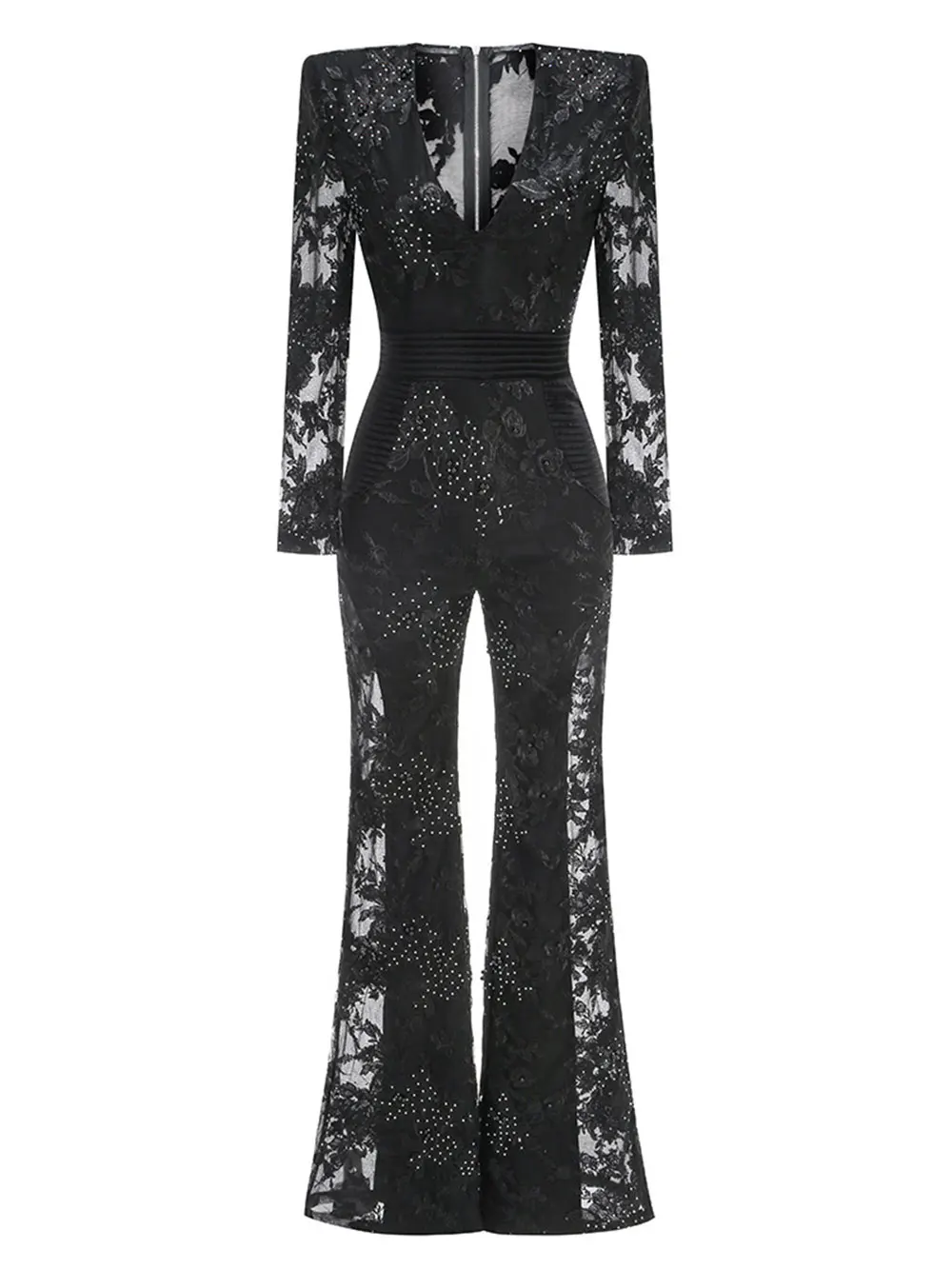 Sexy Women's Light Luxury Embroidered Hot Diamond Patchwork Design jumpsuit V-neck Long sleeved Evening Party Horn jumpsuit - Image 6