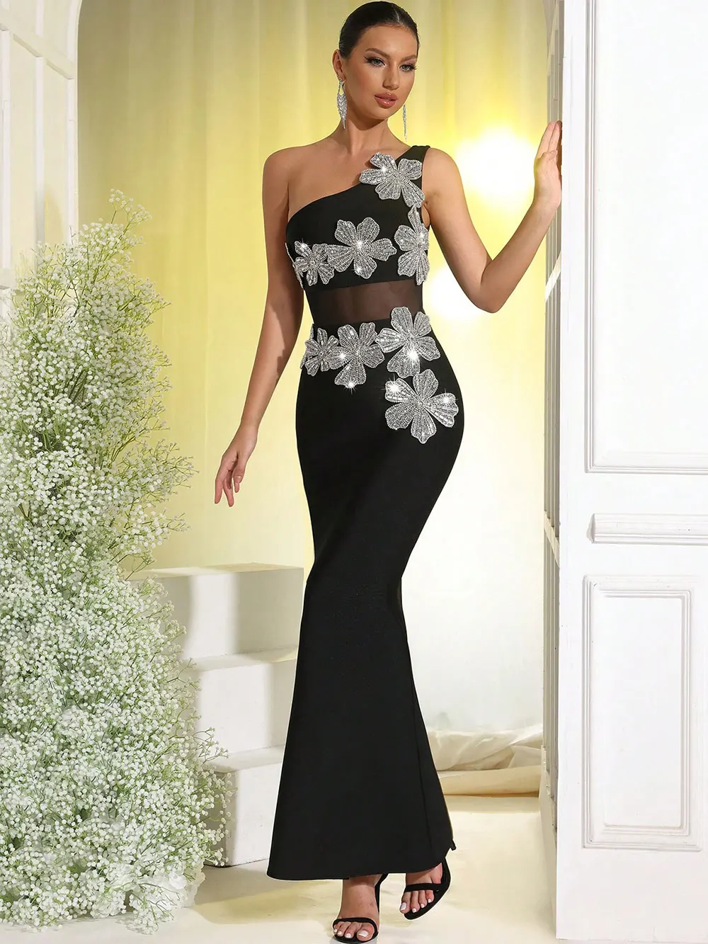 Sexy Women's Light Luxury Flower Set Diamond Design Bandage Dress One Shoulder Sleeveless Bodycon Patchwork Long Dresses - Image 2