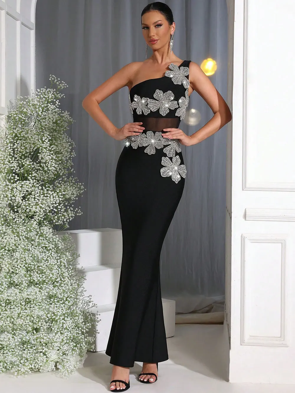 Sexy Women's Light Luxury Flower Set Diamond Design Bandage Dress One Shoulder Sleeveless Bodycon Patchwork Long Dresses - Image 5