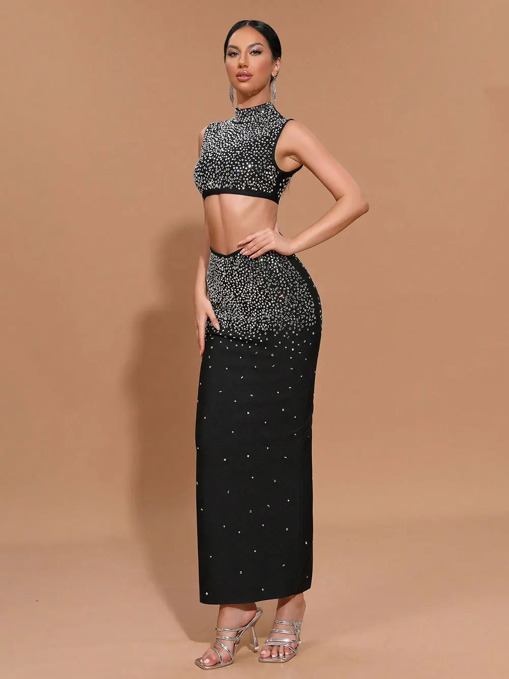 Sexy Women'S Light Luxury Hot Stamping Design Long Skirt Bandage Set O-Neck Sleeveless Ultra Short Top+Skirt Two-Piece Set - Image 3