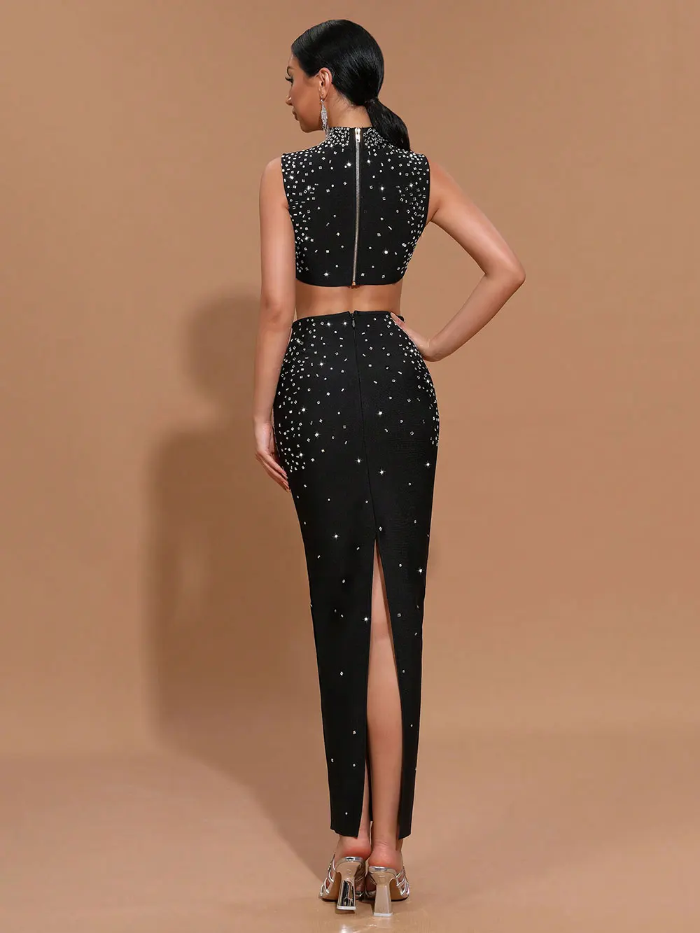 Sexy Women'S Light Luxury Hot Stamping Design Long Skirt Bandage Set O-Neck Sleeveless Ultra Short Top+Skirt Two-Piece Set - Image 4