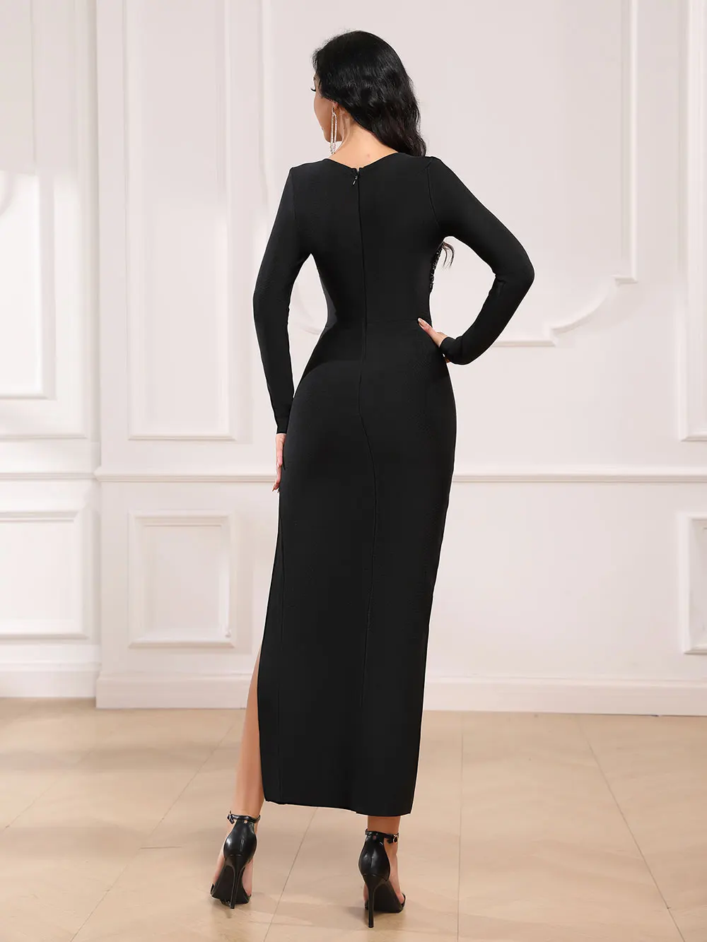Sexy Women'S Light Luxury Nail Bead Bandage Dresses V-Neck Long Sleeved Hollow Design Bodycon Split Length Dress Vestidos - Image 3