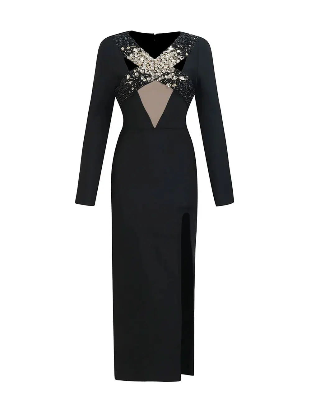 Sexy Women'S Light Luxury Nail Bead Bandage Dresses V-Neck Long Sleeved Hollow Design Bodycon Split Length Dress Vestidos - Image 5