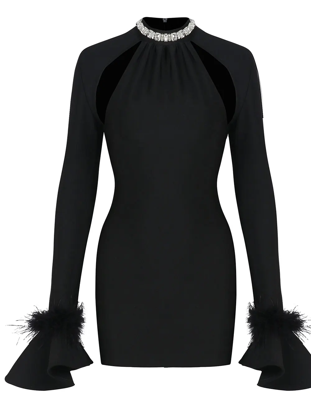 Sexy Women's Light Luxury Nail Bead Hollow Bandage Dress O-neck Trumpet Sleeve Feather Design Bodycon Mini Dress Vestidos - Image 4