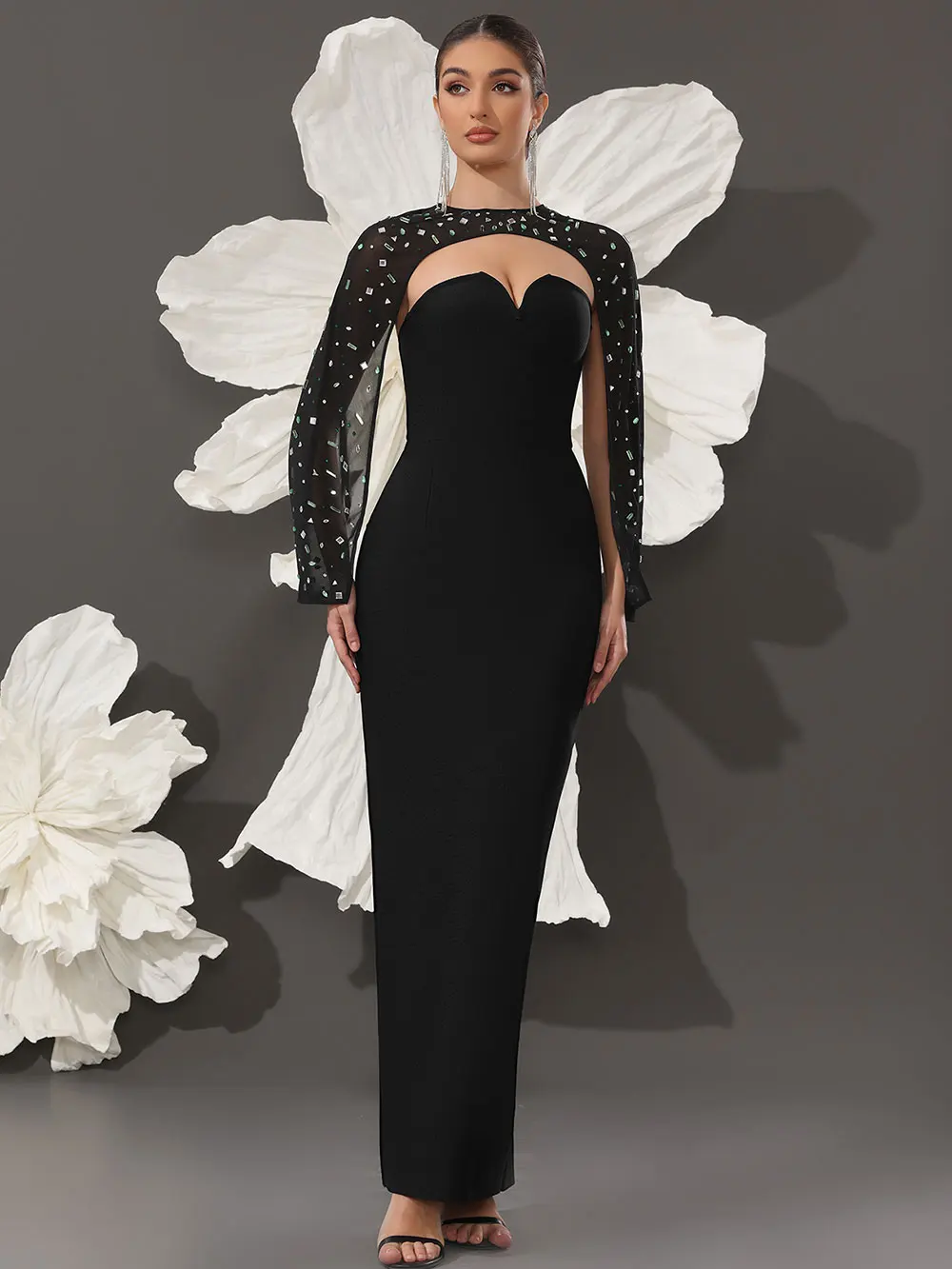 Sexy Women's Light Luxury Nail Bead Shawl+Strapless Sleeveless Bandage Dress Set Fashion Bodycon Long Dress Party Vestidos - Image 3
