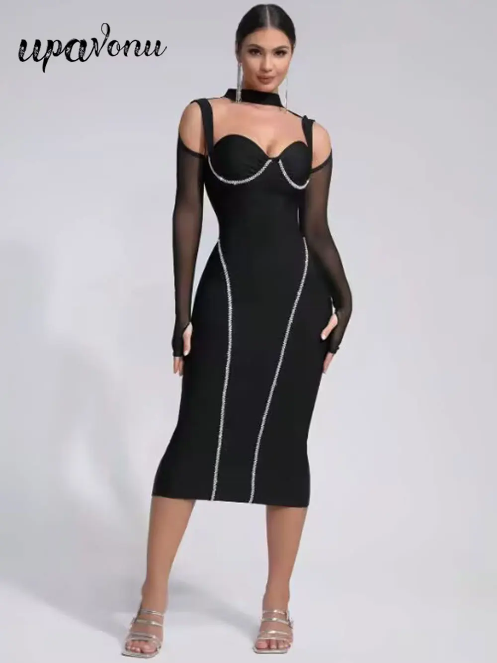 Sexy Women's Light Luxury Nail Diamond Bandage Dress O-neck Long Sleeve Hollow Design Bodycon Midi Dress Party Vestidos