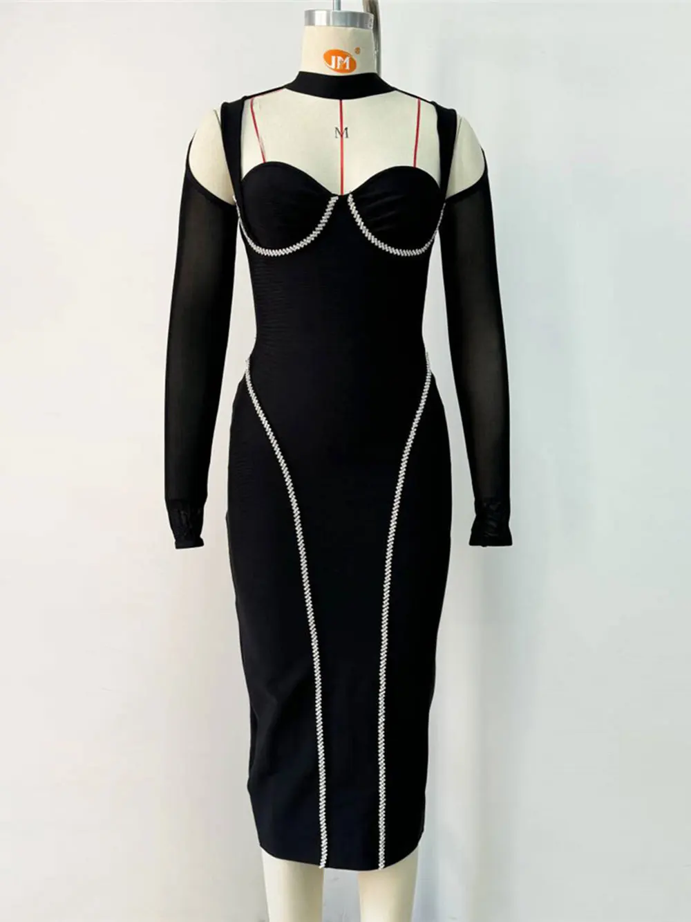 Sexy Women's Light Luxury Nail Diamond Bandage Dress O-neck Long Sleeve Hollow Design Bodycon Midi Dress Party Vestidos - Image 2