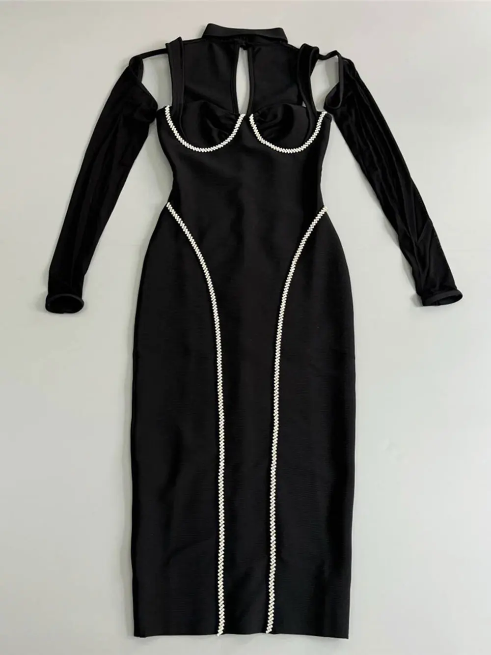 Sexy Women's Light Luxury Nail Diamond Bandage Dress O-neck Long Sleeve Hollow Design Bodycon Midi Dress Party Vestidos - Image 6