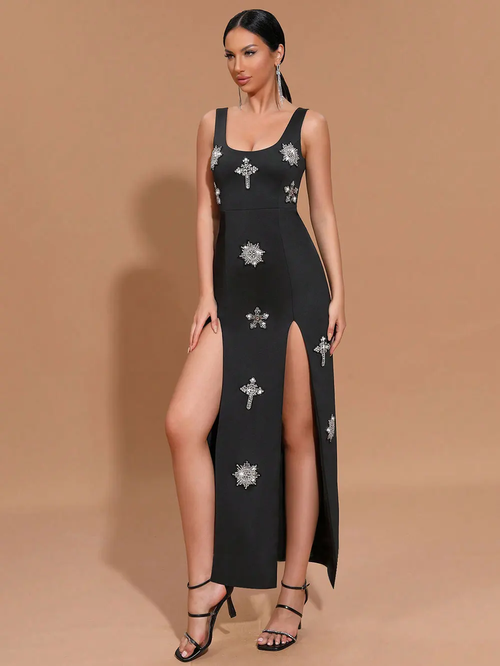 Sexy Women's Light Luxury Nail Diamond Design Split Bandage Dress O-Neck Sleeveless Bodycon Black Long Dress Party Vestidos - Image 2