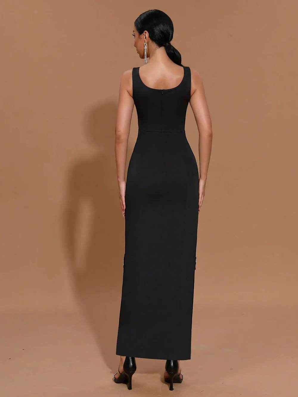 Sexy Women's Light Luxury Nail Diamond Design Split Bandage Dress O-Neck Sleeveless Bodycon Black Long Dress Party Vestidos - Image 4