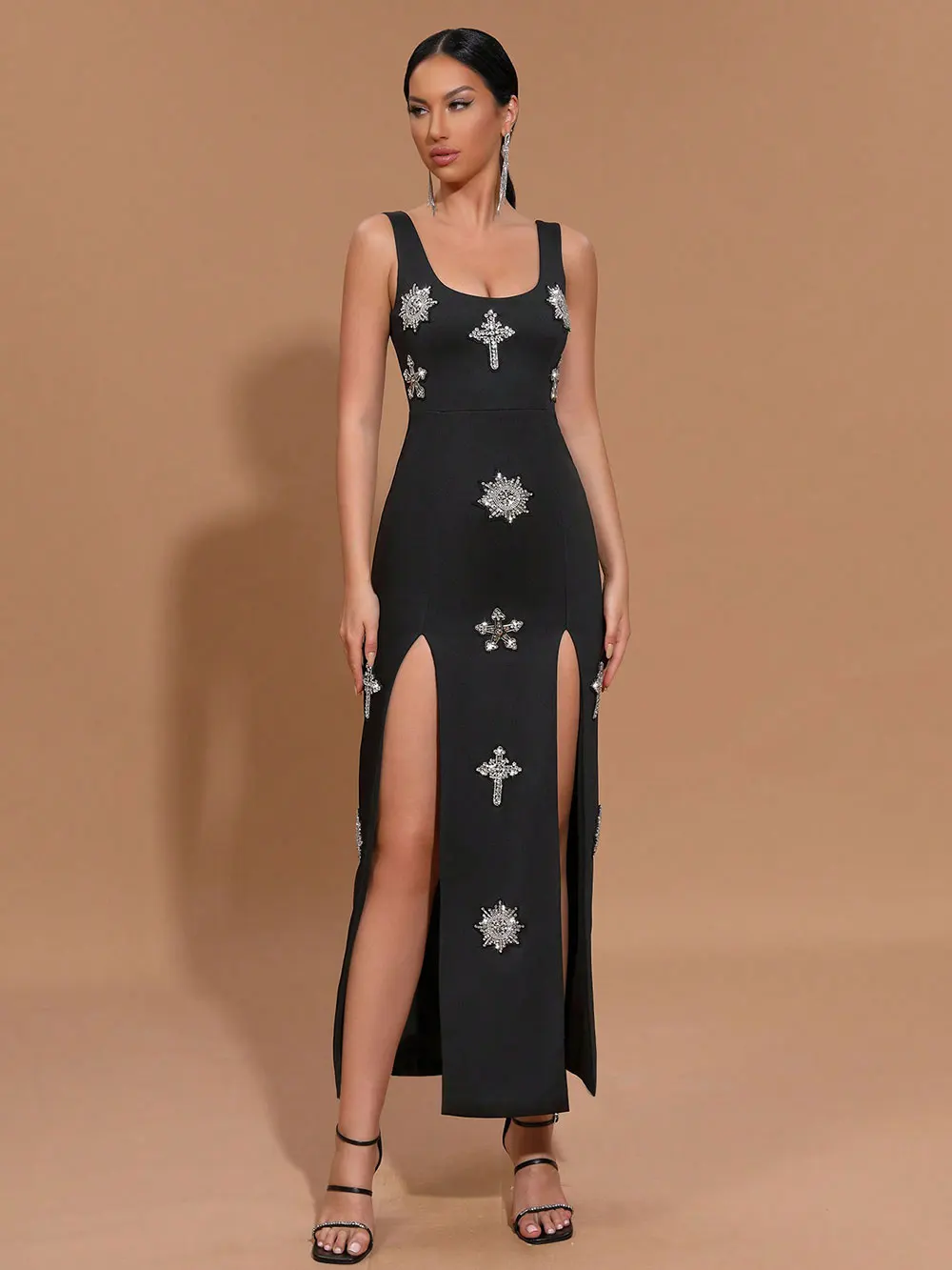 Sexy Women's Light Luxury Nail Diamond Design Split Bandage Dress O-Neck Sleeveless Bodycon Black Long Dress Party Vestidos - Image 6