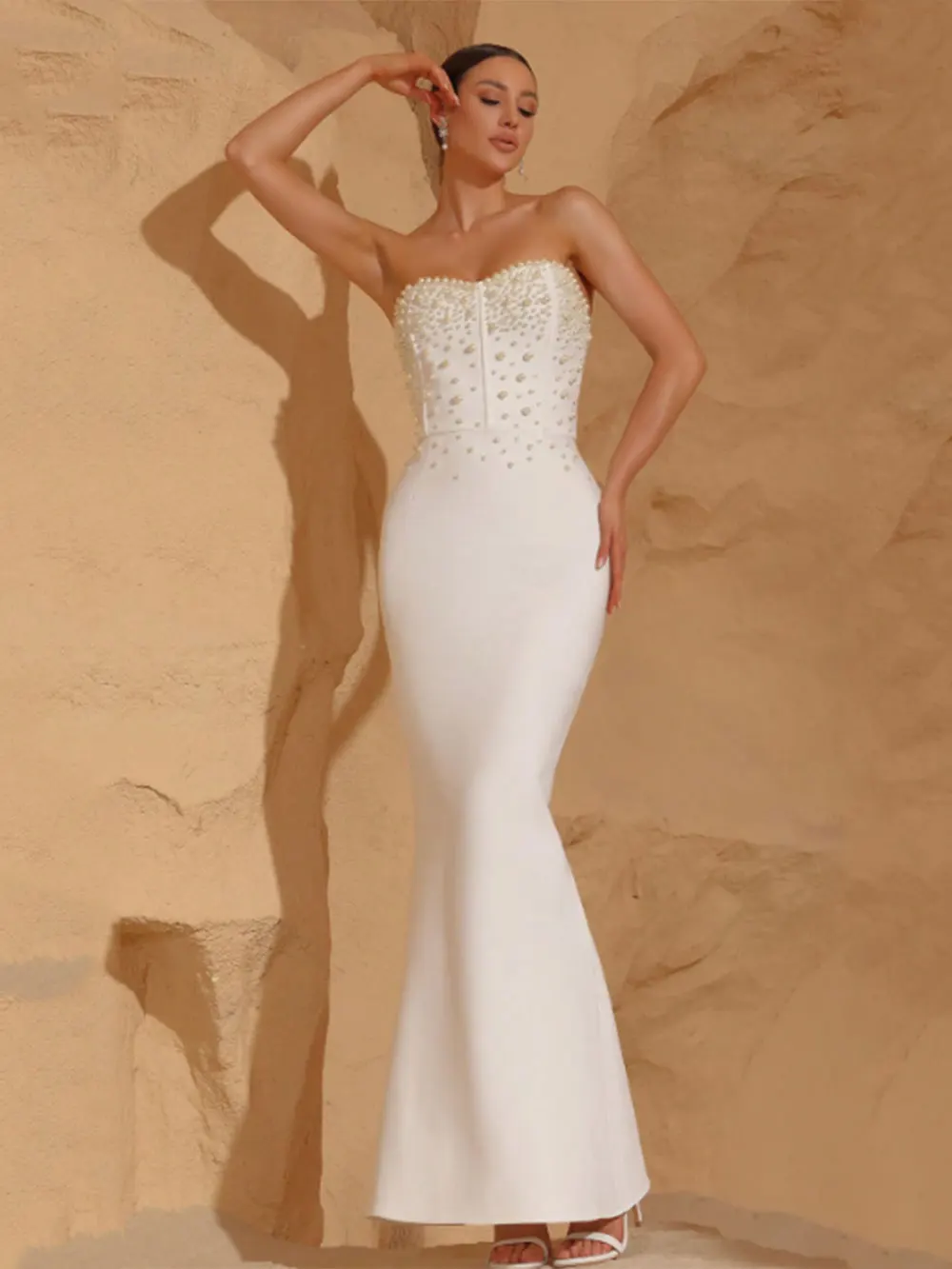 Sexy Women'S Light Luxury Pearl Design Fish Tail Bandage Dress Strapless Sleeveless Bodycon Backless Long Dresses Vestidos - Image 3