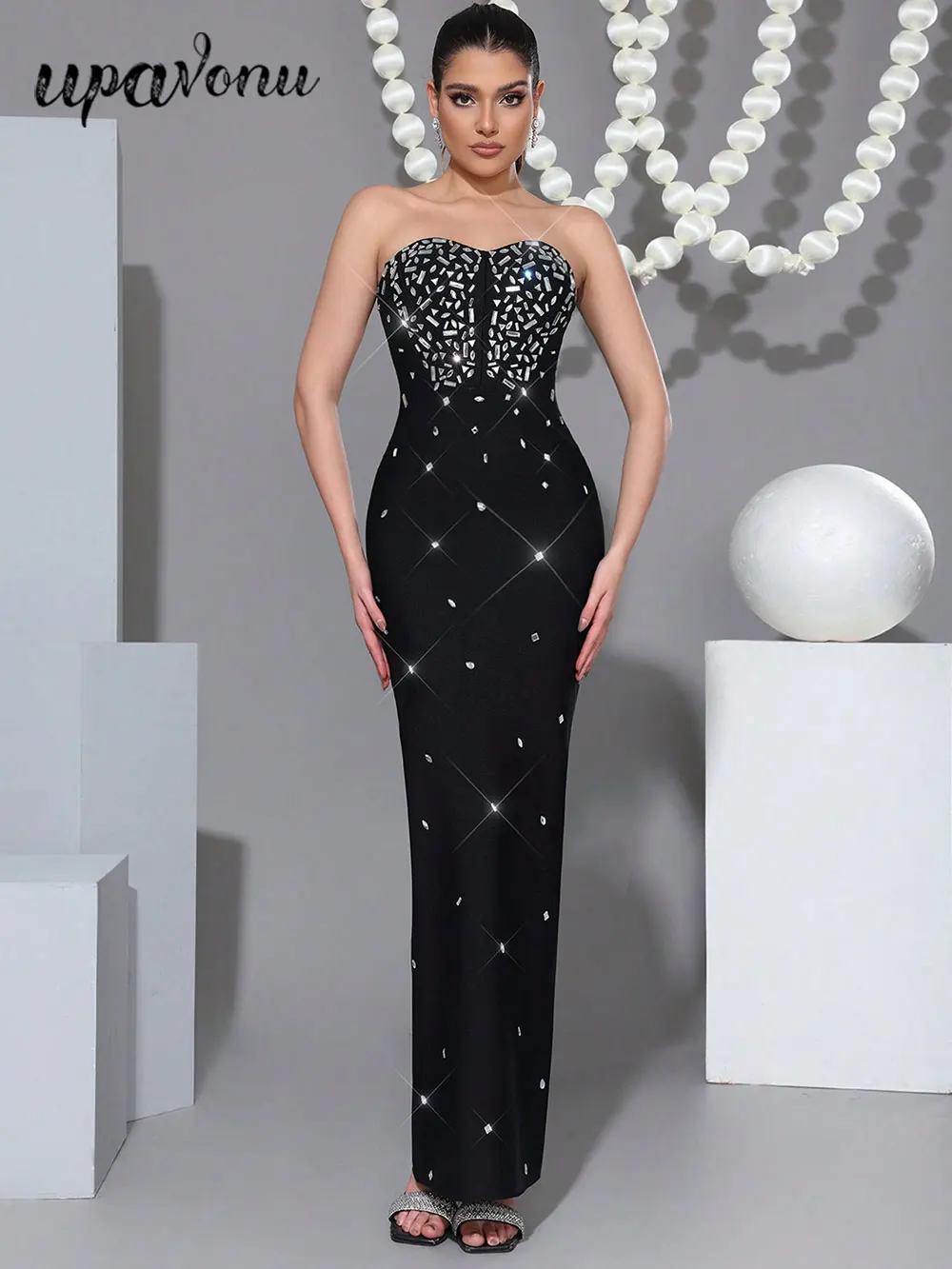 Sexy Women's Nail Bead Design Bandage Dress Strapless Sleeveless Bodycon Backless Long Dress Cocktail Dinner Dress Vestitos