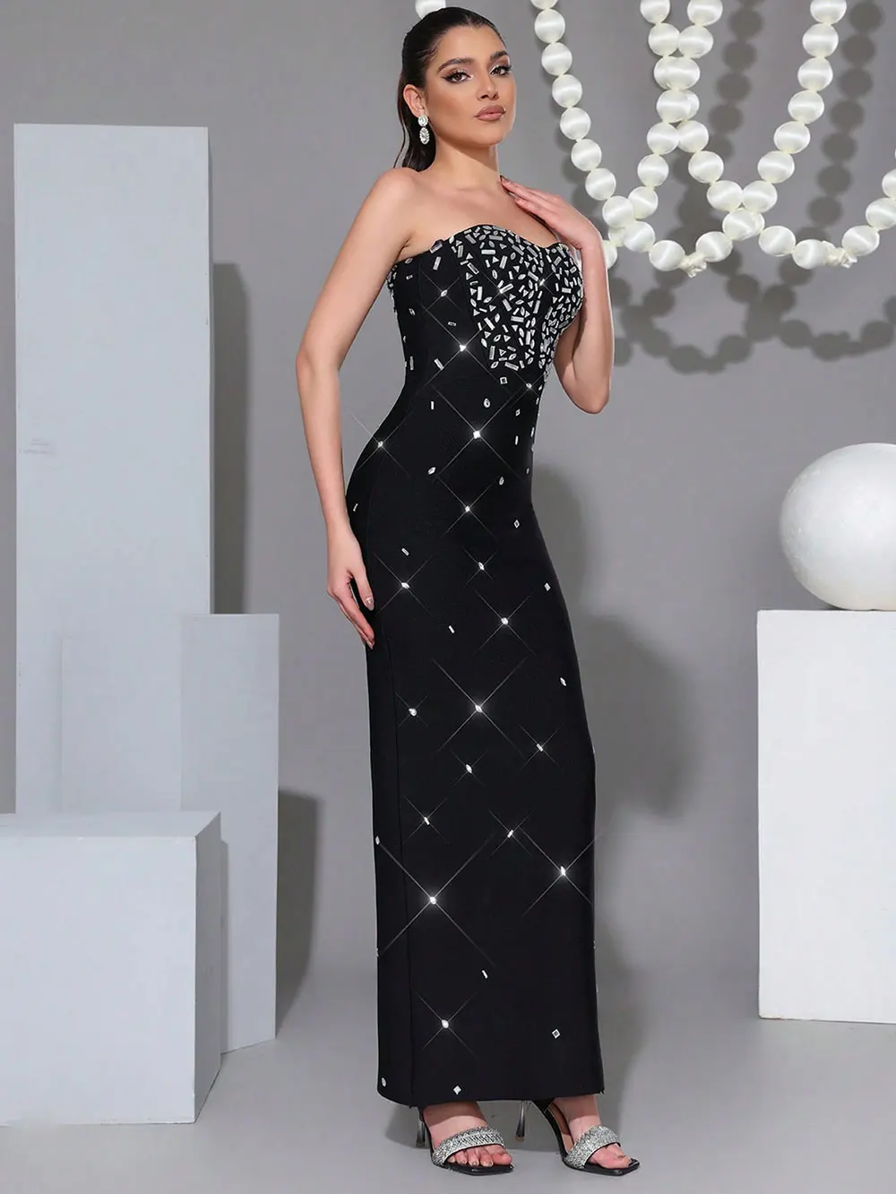 Sexy Women's Nail Bead Design Bandage Dress Strapless Sleeveless Bodycon Backless Long Dress Cocktail Dinner Dress Vestitos - Image 3