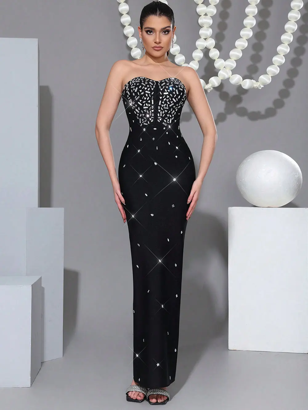 Sexy Women's Nail Bead Design Bandage Dress Strapless Sleeveless Bodycon Backless Long Dress Cocktail Dinner Dress Vestitos - Image 7
