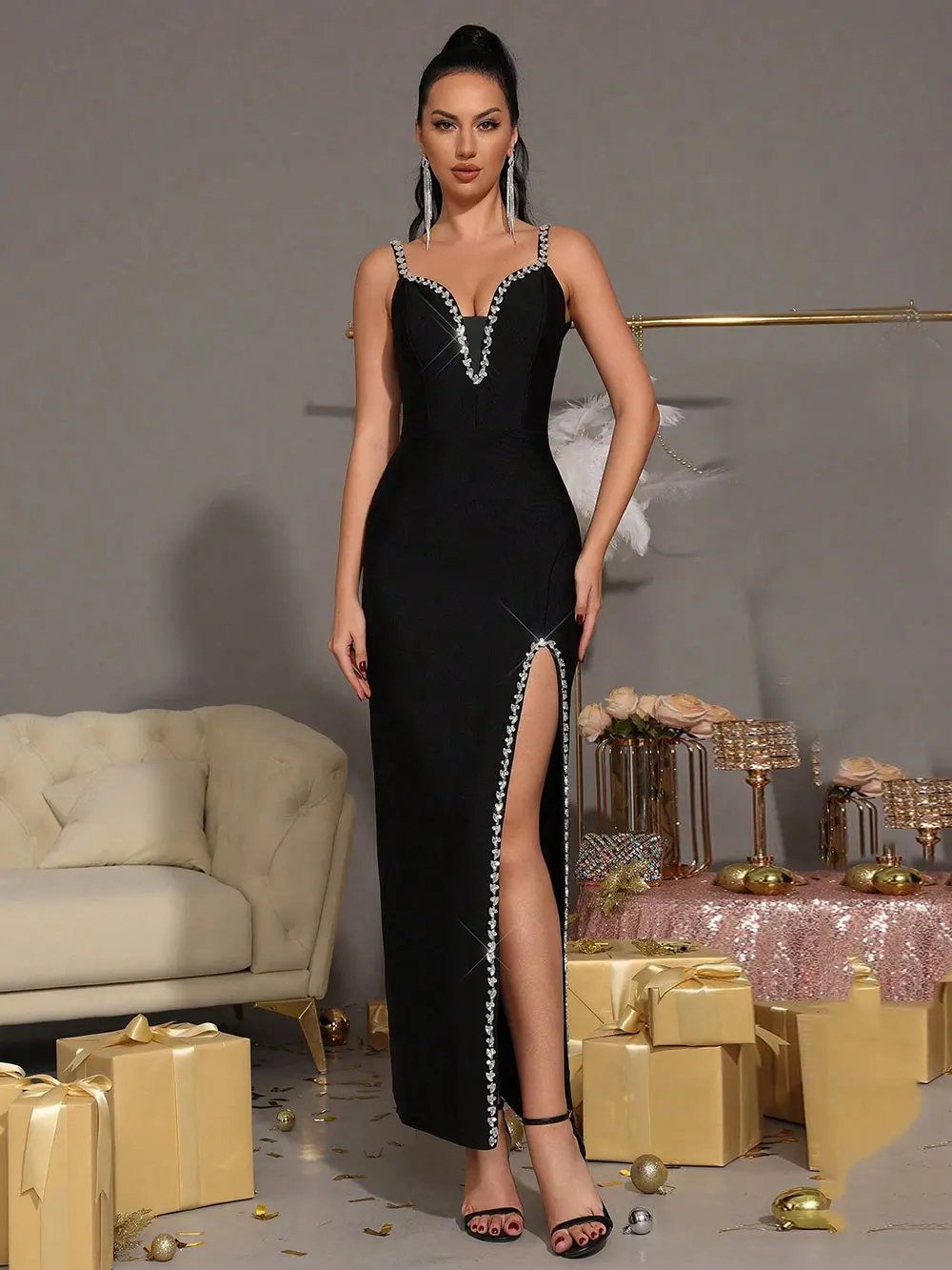 Sexy Women's Nail Diamond Design Bandage Long Dress Spaghetti Strap Sleeveless Bodycon Split Dress Evening Party Vestidos - Image 6