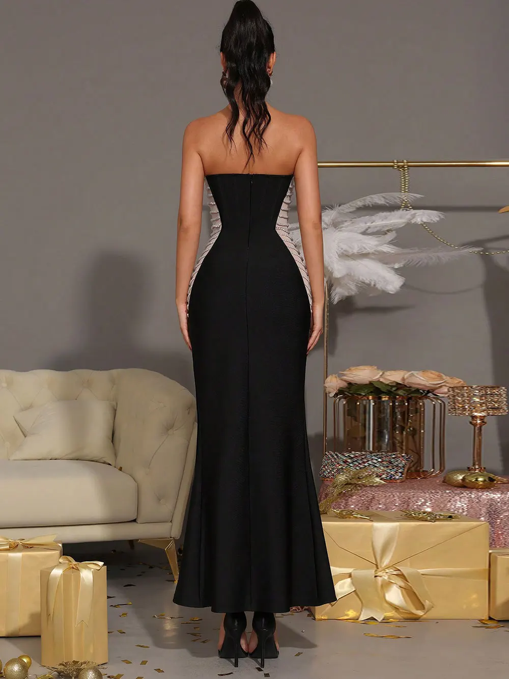 Sexy Women'S Patchwork Bead Design Bandage Dress Strapless Sleeveless Bodycon Backless Split Length Dresses Party Vestidos - Image 5