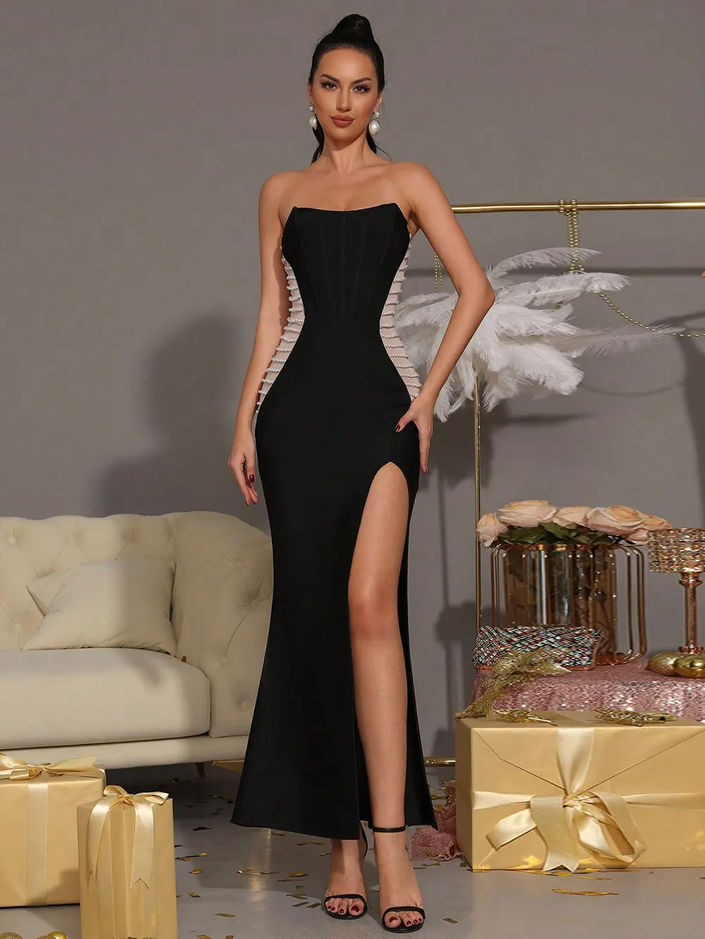 Sexy Women'S Patchwork Bead Design Bandage Dress Strapless Sleeveless Bodycon Backless Split Length Dresses Party Vestidos - Image 7