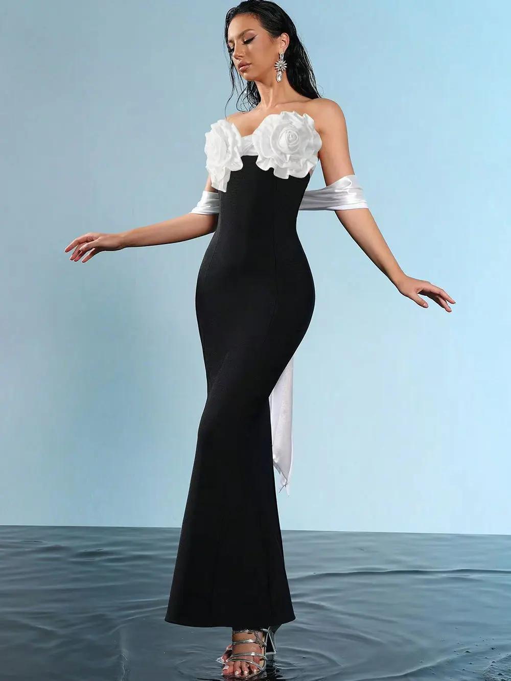 Sexy Women'S Three-Dimensional Flower Design Bandage Dress Strapless Shoulder Strap Sleeve Bodycon Backless Long Dresses - Image 2
