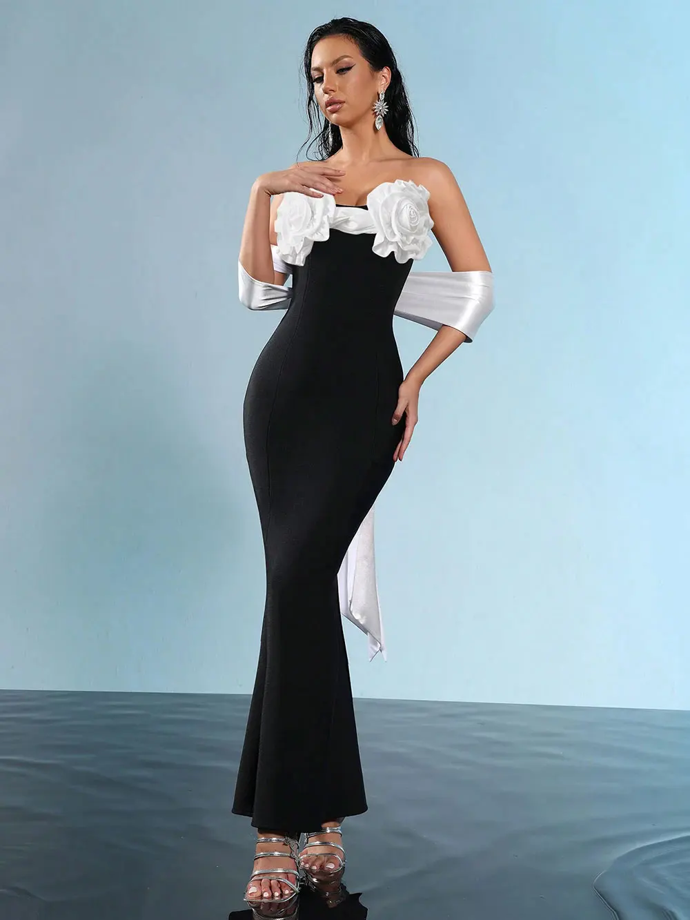 Sexy Women'S Three-Dimensional Flower Design Bandage Dress Strapless Shoulder Strap Sleeve Bodycon Backless Long Dresses - Image 3