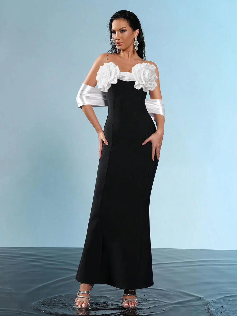 Sexy Women'S Three-Dimensional Flower Design Bandage Dress Strapless Shoulder Strap Sleeve Bodycon Backless Long Dresses - Image 7