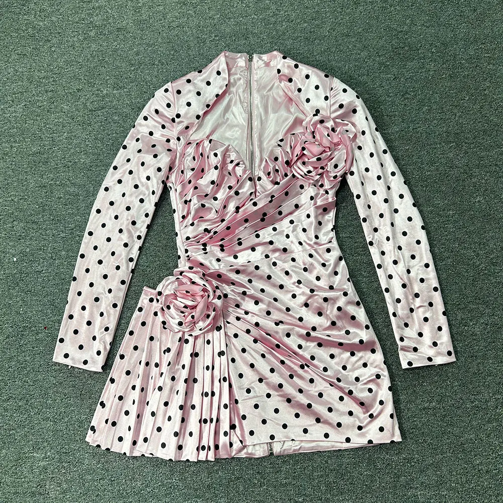 Sexy Women'S Three-Dimensional Flower Patchwork Polka Dot Dress V-Neck Long Sleeved Draped Bodycon Pink Mini Dress Vestidos - Image 4