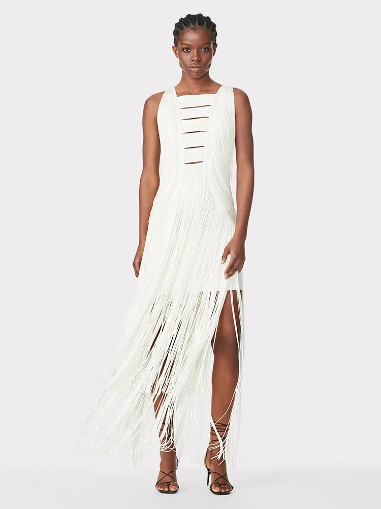 Sexy Women's Wear Heavy Industry Tassel Bandage Dress O-Neck Sleeveless Slim Fit Long Dress Cocktail Evening Party Vestidos - Image 6