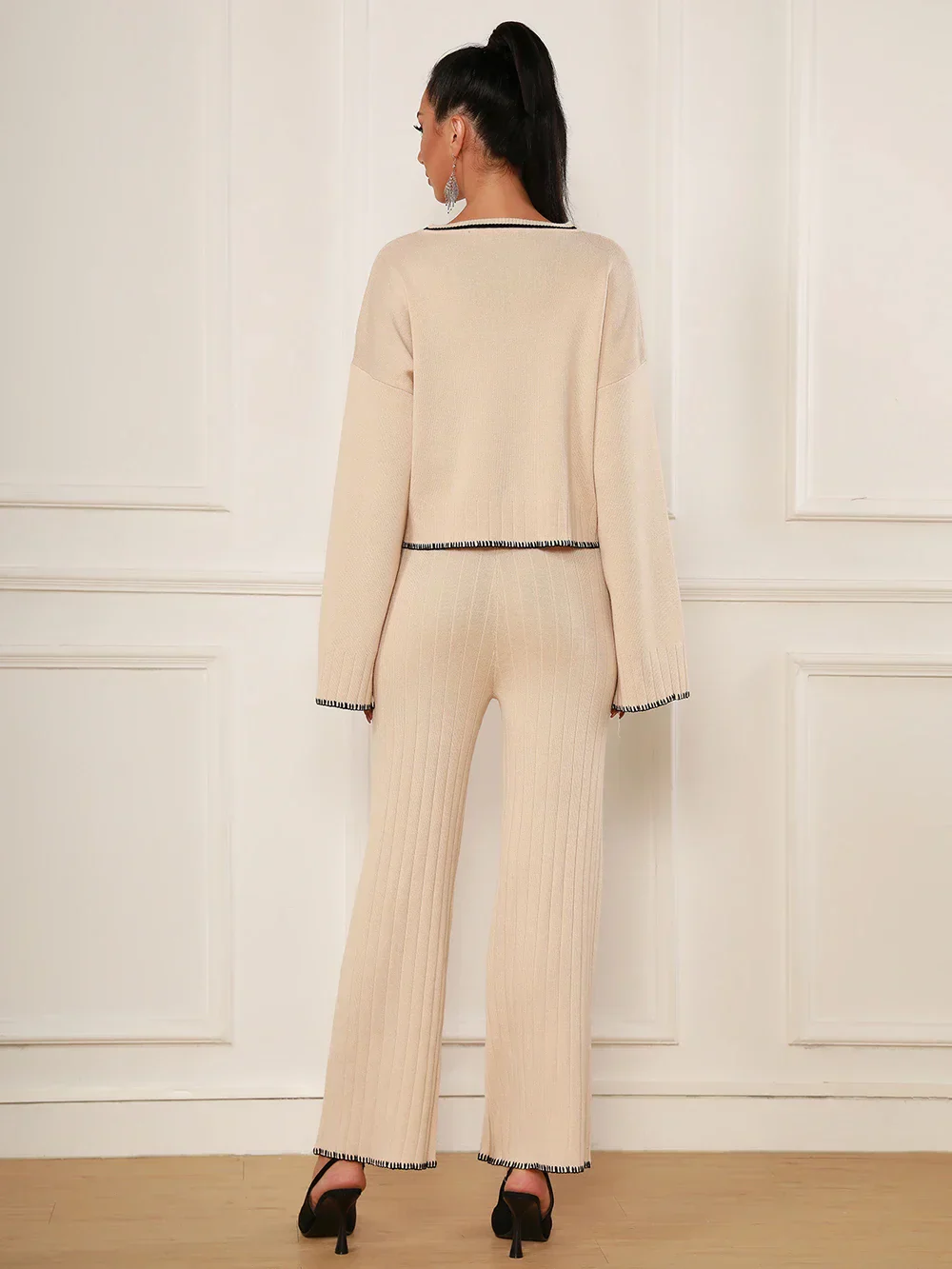 Spring Casual Women's Knitted Pants Set O-neck Long Sleeve Hoodie Loose Knitted Shirt+Straight Pants Two Piece Set - Image 6