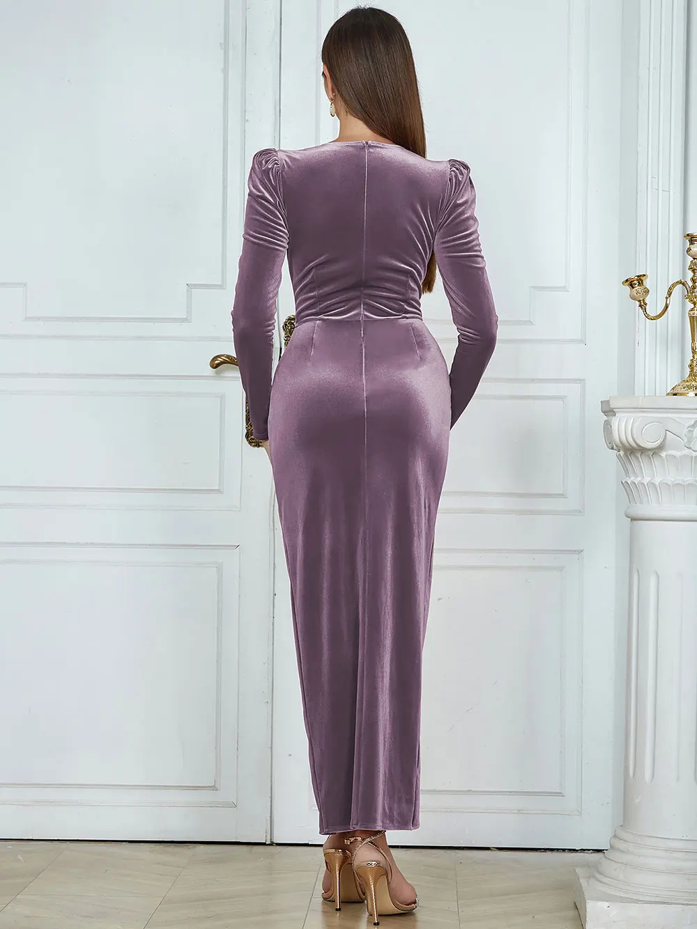 Spring Elegant Women's Velvet Dress O-neck Long Sleeve Bodycon Draped Split Body Long Dress Celebrity Evening Party Vestido - Image 5