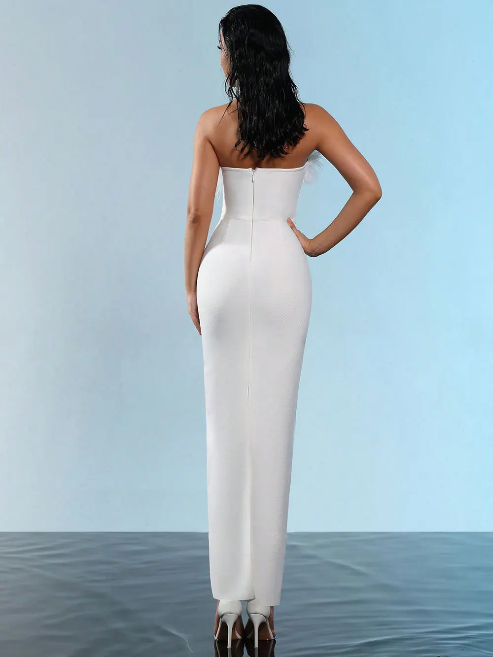 Spring Sexy Women Feather Design Bandage Dress Strapless Sleeveless Bodycon Backless Long Dress Evening Club Party Vestidos - Image 2