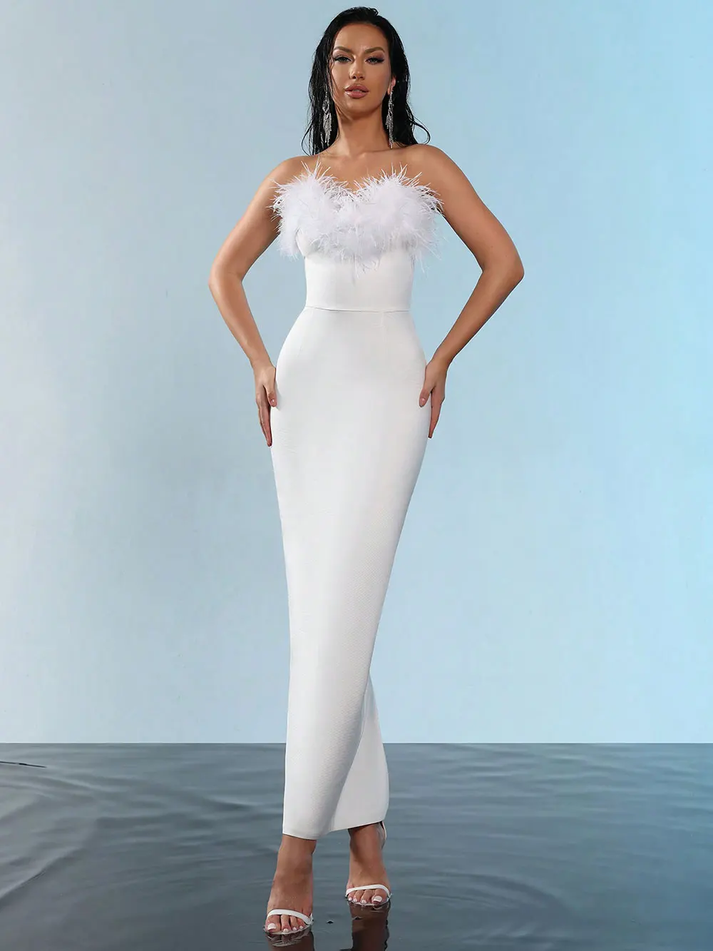 Spring Sexy Women Feather Design Bandage Dress Strapless Sleeveless Bodycon Backless Long Dress Evening Club Party Vestidos - Image 5