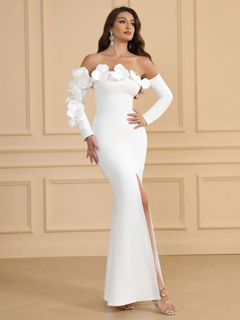 Spring Sexy Women's 3D Flower Bandage Dress with One Collar Long Sleeve Bodycon Bareback Long Split Dresses Party Vestidos - Image 3