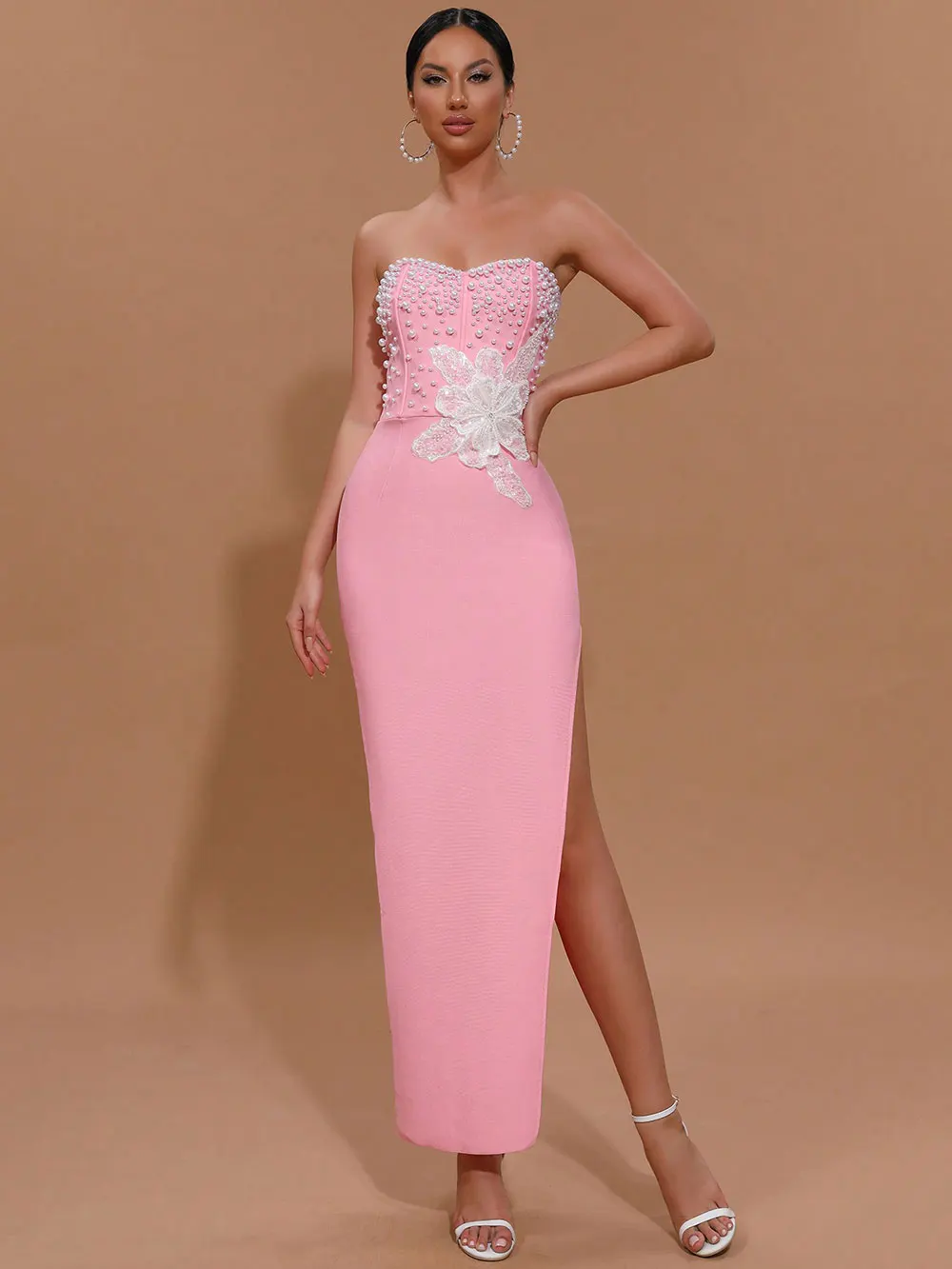 Spring Sexy Women's 3D Flower Pearl Bandage Dress Strapless Sleeveless Bodycon Backless Long Dress Club Party Vestidos - Image 7