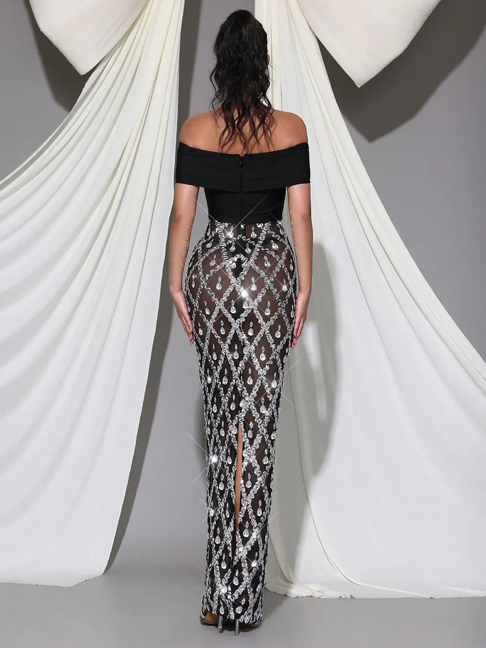 Spring Sexy Women's Chiffon Patchwork Sparkle Nail Bead Long Dress V-neck Short Sleeve Bodycon Dress Cocktail Banquet Dress - Image 4